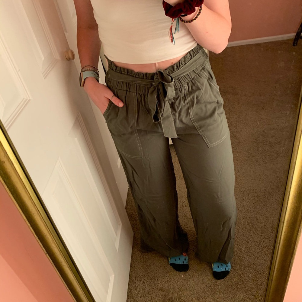 Olive Green Flowy Pants With Adjustable Tie